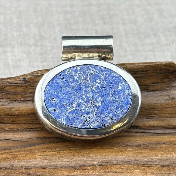 Vintage Mexico ATI Unique Natural Blue Stone 925 Silver Oval Pendant 12.4 g - Picture 1 of 12